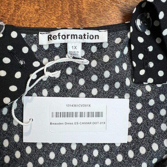 Reformation Beauden Midi Dress Womens 1X Black Polka Caviar Dot Ruched Crepe NEW - Picture 12 of 16
